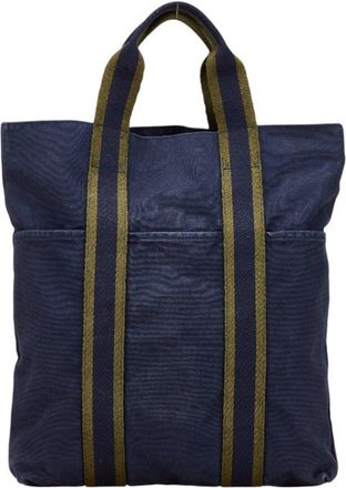 Herm&egrave;s Green Navy Canvas Handbag Tote Bag (Pre-Owned)