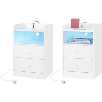 Woltu 2x Comodino moderno per camera da letto, con Prese, Porte USB e Luci a LED, Tavolino con 1 Piano, 1 Scomparto e 2 Cassetti Bianco