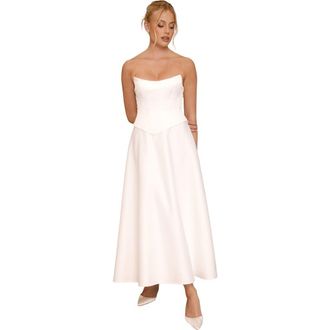 Six Stories Bandeau Satin Corset Dress in Ivory at Nordstrom, Size 6