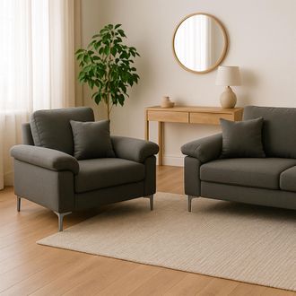 Kosy Koala Modern Grey Sofa 2 1 Seater Set Fabric with Chrome Feet - Comfortable Couch with Cushion for Living Room, Bedroom or Office