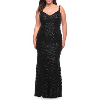 La Femme Thick Line Sequin Print Plus Size Gown with V-Neck in Black at Nordstrom, Size 20W