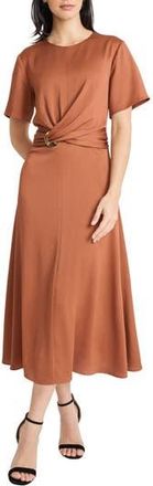 Maggy London Buckle Detail Hammered Satin Midi Dress in Coconut Shell at Nordstrom Rack, Size 10