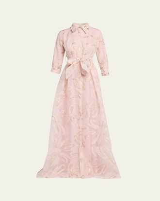 Teri Jon Metallic Organza Jacquard Shirt Gown