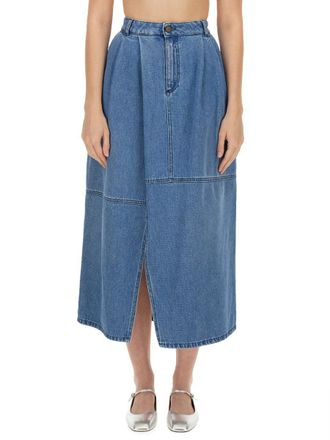 Alysi Cotton Denim Midi Skirt - Blue
