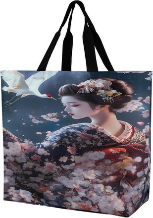 Generic Geisha Moon Flowers Crane Reusable Shopping Bags Large Capacity Grocery Bag Heavy Duty Tote for Women 40x40x16cm