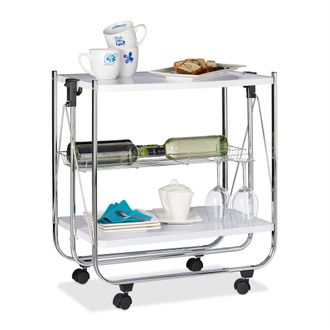 Relaxdays Camarera Plegable Para Cocina Con 4 Ruedas, Cesto De Rejilla Y 2 Baldas, Acero, Blanco, 68,5 X 68 X 40,5 Cm - Relaxdays