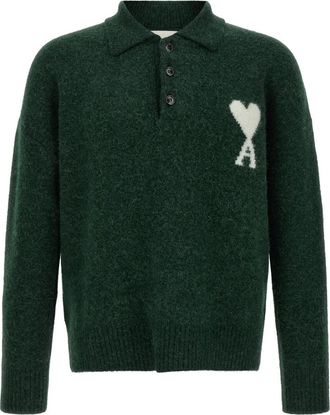 Ami De Coeur Long-Sleeved Polo Shirt - Heren - Ronde hals truien - Groen - XS - Wol - Truien & Vesten