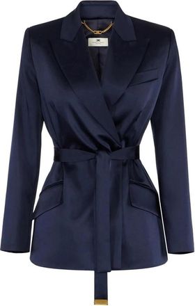 Elisabetta Franchi Stretch Satin Jas met Riem - Dames - Blazers - Blauw - XL - Leer - Jassen