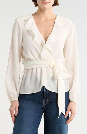 Max Studio Ruffle Long Sleeve Faux Wrap Top in Ivory at Nordstrom Rack, Size X-Small