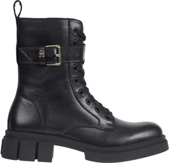 Tommy Hilfiger Stoere Feminine Bikerboot - Dames - Veterlaarzen - Zwart - 36 EU - Leer - Schoenen