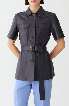 Lafayette 148 New York Belted Short Sleeve Lambskin Leather Jacket in Ink at Nordstrom, Size 12