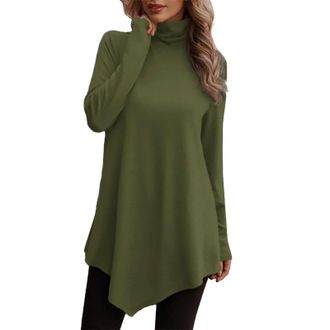 Generic Asymmetrical Tops For Women, WomenS Jumpers Turtle Neck, Lightweight Knit Sweatshirt, Relaxed Fit Tunic Pullover Solid Color Long Sleeve T Shirt Casua