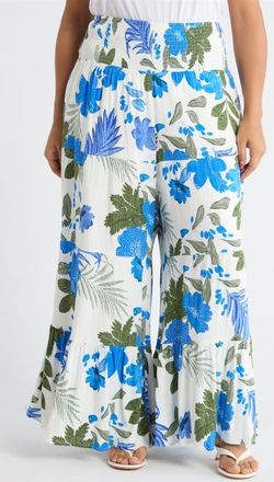 Sugarlips Zurie Floral Tovia Smocked Pants in Wht-Blue-Green at Nordstrom, Size 3 X