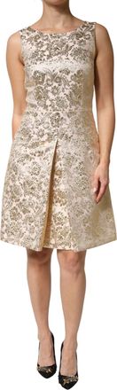 Dolce & Gabbana Beige Gold Floral Brocade Sleeveless Womens Dress