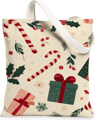 Generic Holiday Canvas Tote Bags, Candy Cane and Holly Leaf Pattern Reusable Shopping Bags, Winter Rustic Lightweight Washable Shou, Red, 13x15 Inch