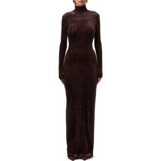Naked Wardrobe Burnout Long Sleeve Maxi Dress in Leopard Dark Chocolate at Nordstrom, Size Medium