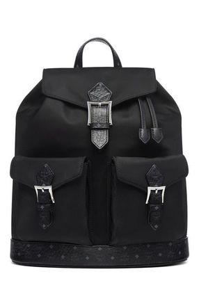 MCM Small Aren Drawstring Backpack in ECONYL and Leather in Black at Nordstrom