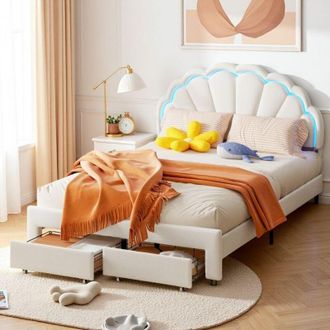 OEM Cama Doble 140x200 - Cajones Discretos - Iluminaci&oacute;n Led Rgb - Terciopelo Blanco - Dise&ntilde;o Elegante