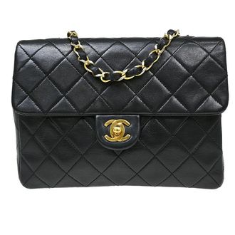 Chanel Vintage Square Classic Single Flap Bag Vertical Quilt Lambskin Black Leather Handbag (Pre-Owned)