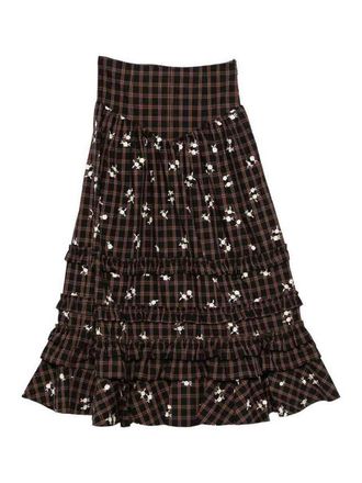 Ganni Checked Midi Skirt With Floral Embroidery