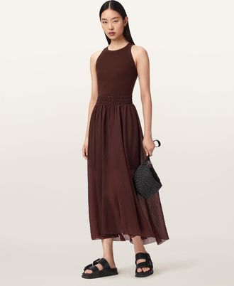 AllSaints Polyester Zenia Sleeveless Asymmetric Midi Dress, Size: XS