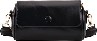 Generic Cylinder Crossbody Bag for Women Leather Flap Purse Handbag Barrel Purse Trendy Shoulder Bags with Wide Strap (Black)