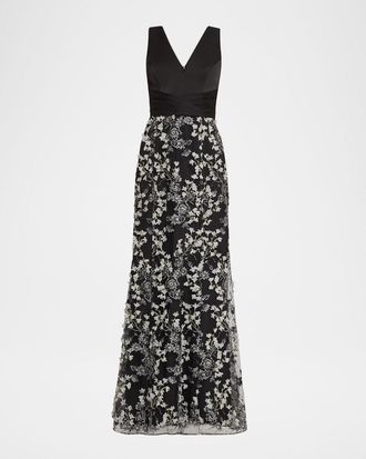 Aidan Mattox Sleeveless Floral-Embroidered Gown