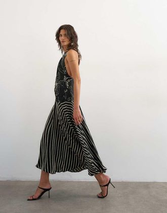 Topshop Vestito lungo nero con perline e stampa a fiori e a righe a contrasto