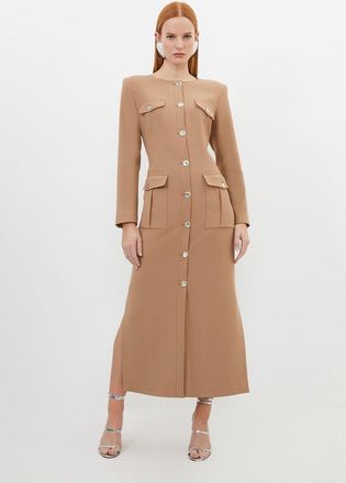 Karen Millen Petite Tailored Compact Stretch Button Through Midi Dress
