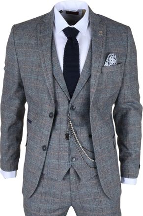 Infinity Leather Mens Light Blue Grey Check Tweed 3-Piece Suit Vintage Pattern Tailored Fit Woollen Suit