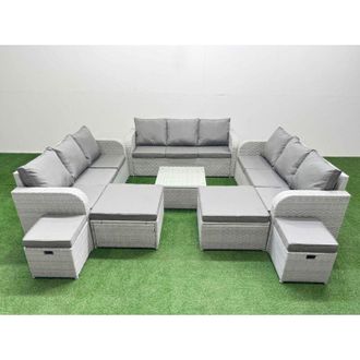 Fimous 13 Seater Outdoor Garden Furniture Set pe Rattan Lounge Sofa Set with Coffee Table 3 Seater Sofa 4 Footstools Light Grey - Fimous