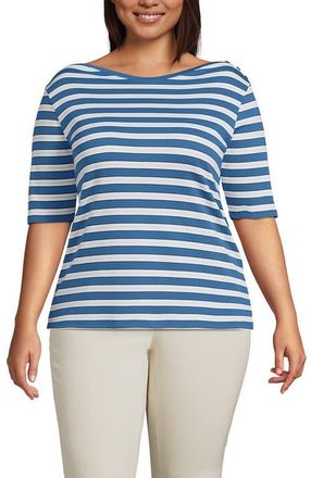 Lands End Supima Cotton Elbow Sleeve Boatneck Button Shoulder Tee in Teal Blue Ocean Multi Stripe at Nordstrom, Size X-Small