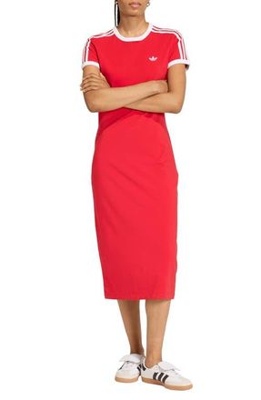 adidas Originals 3-Stripes Stretch Cotton Midi Dress in Better Scarlet/White at Nordstrom, Size X-Small