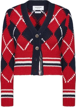 Thom Browne Argyle Jersey Intarsia Shrunken V Neck Cardigan aus grober Merinowolle mit RWB-Streifen