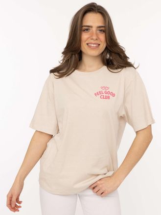 Zwillingsherz T-Shirt ZWILLINGSHERZ Feel Good Club, Damen, Gr. L/XL, beige, Sweatware, Obermaterial: 100% Baumwolle, bestickt, unifarben, klassisch h&uuml;ftbedeckend, R