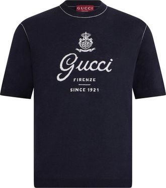 Gucci Zijde en Linnen Trui met Firenze Since 1921 Inlay - Heren - T-shirts - Blauw - XL - Linnen - Tops