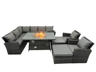 Fimous Rattan Outdoor Gas Firpit Table Sofa Set with 2 Big Stools 2 Chairs in Dark Grey