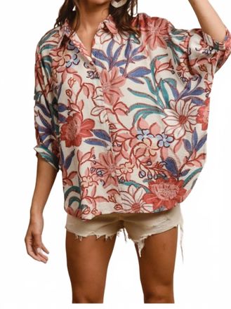 Bibi Floral Print Oversized Short Sleeve Top In Dusty Pink Multi