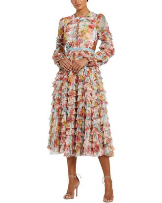 Mac Duggal Mesh Long Sleeve Ruffle Criss Cross Midi Dress
