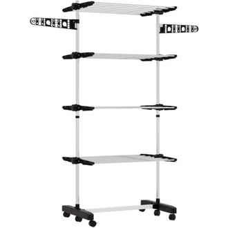 HOMCOM Tendedero Vertical Plegable De 4 Niveles Tendedero De Ropa Con Ruedas 2 Laterales Abatibles Estantes Ajustables Y Marco De Acero Negro Y Plata - Homco