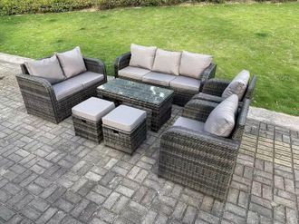 Fimous 9 Seater Dark Grey PE Rattan Garden Furniture Set Reclining Chair Love Seat 3 Seater Sofa Set Coffee Table