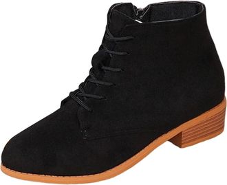 Generic Black Women Trendy Thick Heel Short Tube British Style Plus Size Lace Up Thick Heel Short Tube Boots for Leisure Wear with Secure Heel