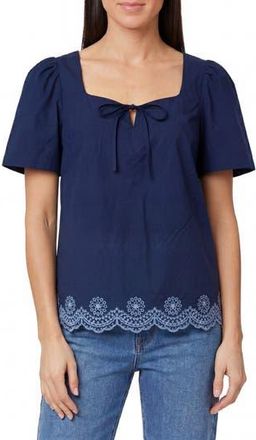 Kensie Short Sleeve Embroidered Eyelet Cotton Poplin Top in Medval Blue at Nordstrom Rack, Size X-Large