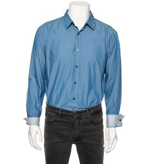 HUGO BOSS Boss By Hugo Boss Blue Cotton Button Front Slim Fit Stretch Shirt