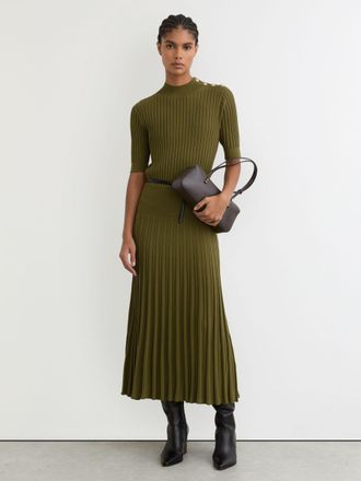 Reiss Green Button-detail Knitted Midi Dress, XS