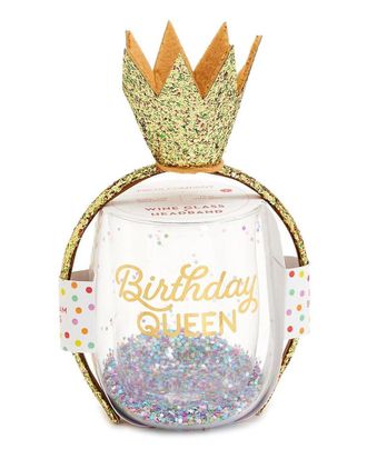 Two's Company Birthday Queen Stemless Wine Glass And Glitter Crown Headband