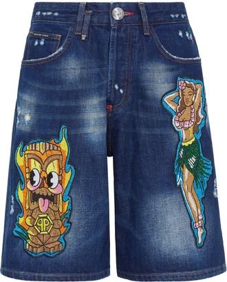 Philipp Plein Korte Broeken, Heren, Blauw, W32, Denim, 5-Pocket Denim Shorts Hawaii