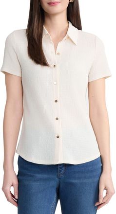 Jones New York Texture Short Sleeve Button-Up Shirt in White Sand at Nordstrom, Size X-Small