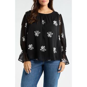 CeCe by Cynthia Steffe Smocked Cuff Top in Rich Black at Nordstrom, Size 3X