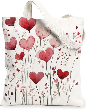 Generic Valentines Floral Canvas Tote Bags, Heart Flower Design Reusable Grocery Bags, Spring Vintage Chic Washable Shoulder Strap Canvas for Travel Beach Pic